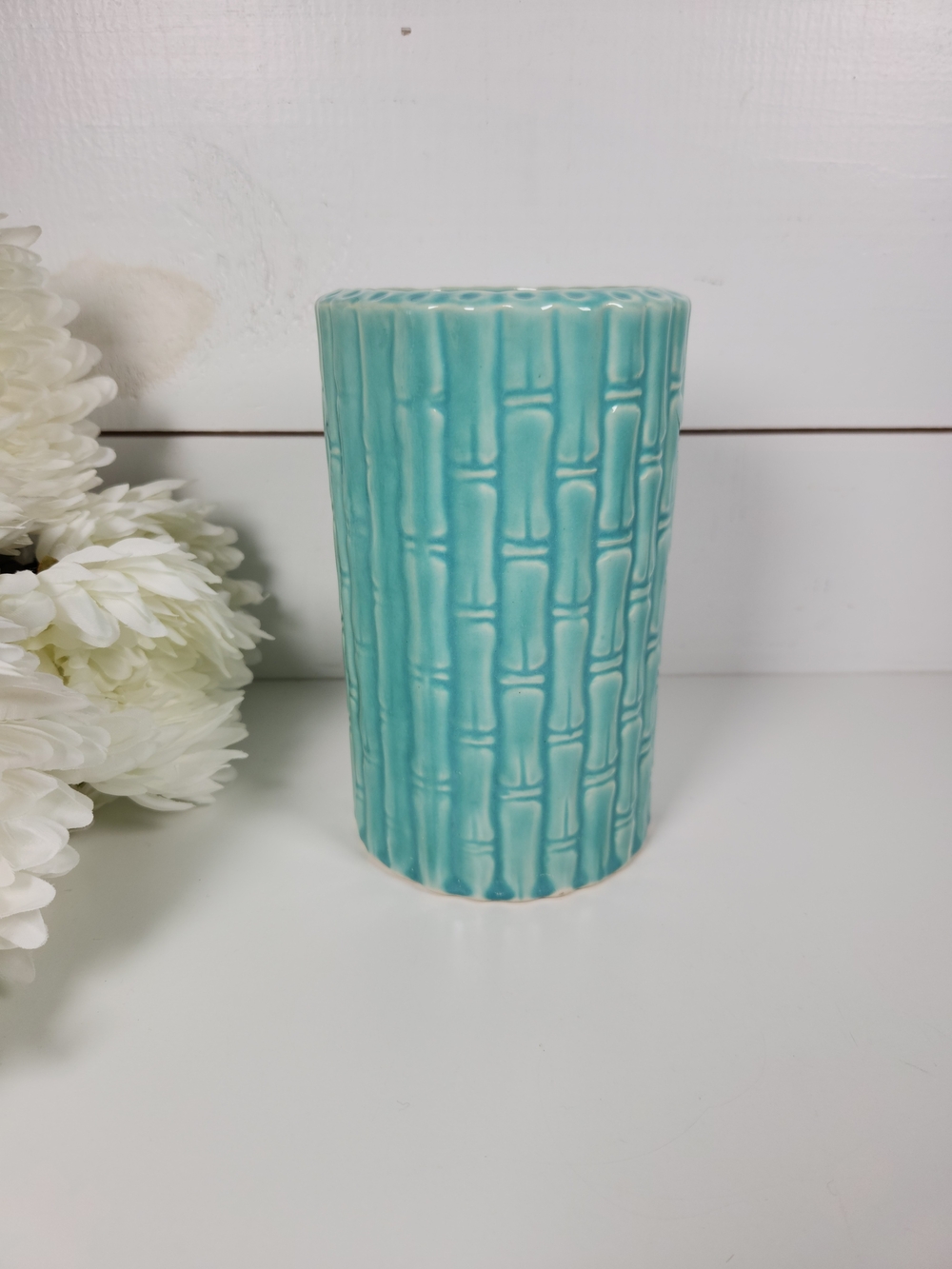 Turquoise Blue Shawnee Pottery Faux Bamboo Vase | Mid Century Planter | Vintage